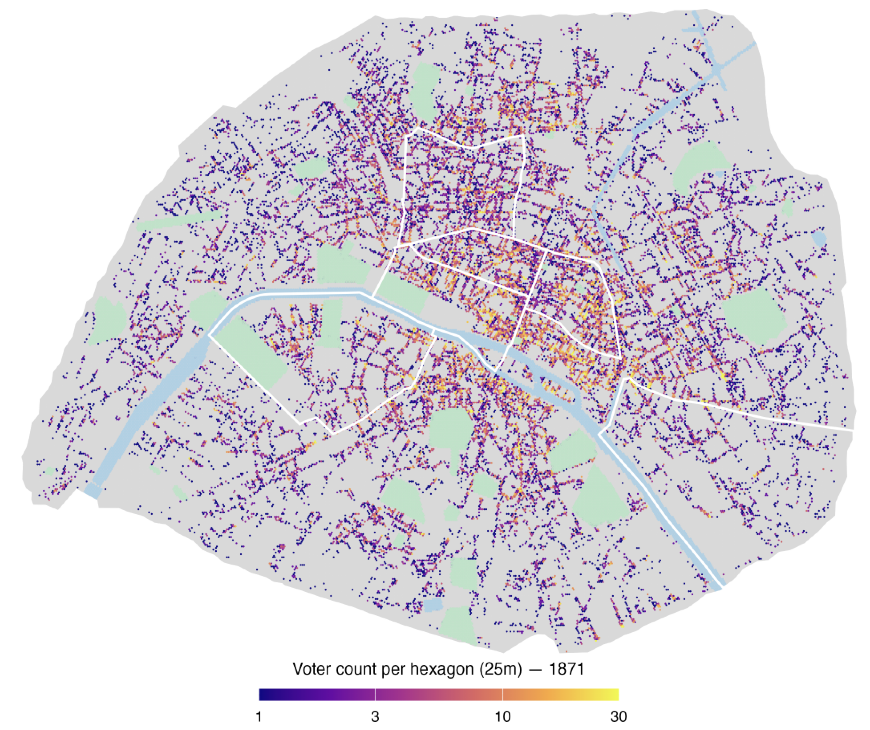 Map of voter density per hexagon across Paris in 1871